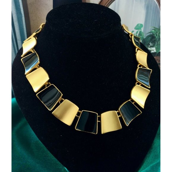 VTG ANNE KLEIN BLACK ENAMEL PANEL CHUNKY NECKLACE